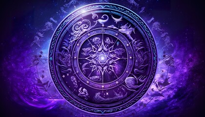 Purple astrological wheel zodiac symbol . Creative illustration. (Ai Generate)
