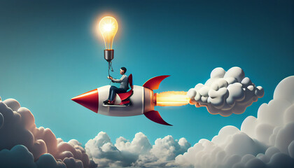 Creative new idea, innovation start up business or inspiration to achieve success goal concept, businessman leader riding flying lightbulb lamp with rocket booster in the cloud sky. Generate Ai.