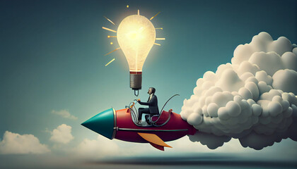 Creative new idea, innovation start up business or inspiration to achieve success goal concept, businessman leader riding flying lightbulb lamp with rocket booster in the cloud sky. Generate Ai. - obrazy, fototapety, plakaty