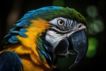Obraz premium Eye Of Blue-and-yellow Macaw Also Known As The Blue-and-gold Macaw In Zoo. AI generated