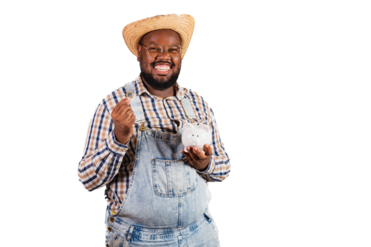brazilian black man wearing country clothes from festa junina, festa de são joão. arraiá, holding piggy bank and coin. finance, economy.