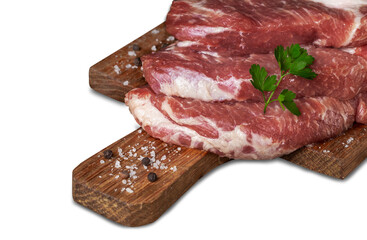 Raw pork steak on a wooden board.Isolated on a white background.