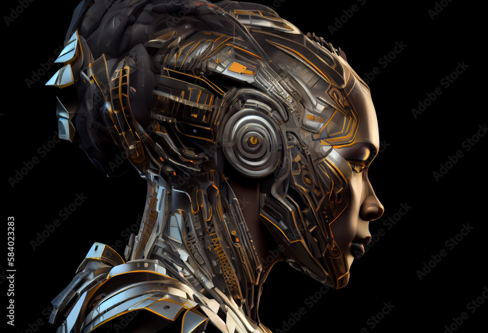 Poster futuristic robot or cyborg head in profile. isolated on black background. generate ai.