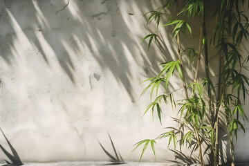 white stone concrete wall, sunlight of tropical bamboo tree leaf shadow, decoration material background. Generative AI