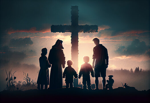Easter concept: Parents and children worship on the cross background. Generate Ai.