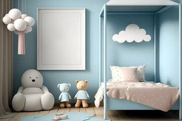  Clean Mockup of a Blank Poster Frame in Kid's Bedroom Decor, 3D Redering
