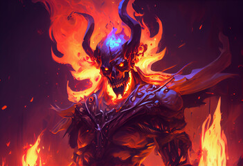 illustration painting of horror character of demon skeleton with fire flames in hellfire, digital art style. Generate Ai.
