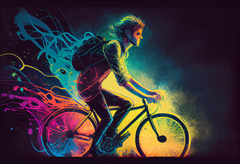 Fototapeta na wymiar illustration painting of young man riding a bicycle with a colorful energy, digital art style. Generate Ai.