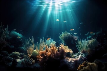 Fototapeta na wymiar an underwater view of a coral reef with fish and algaes in the water, with sunlight streaming through the water's surface, with a blue sky background. generative ai
