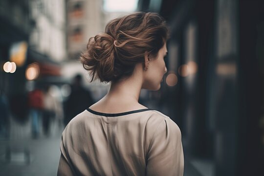  A Woman Standing On A City Street With Her Back To The Camera And Her Hair In A Low Bun, Looking Off To The Side.  Generative Ai