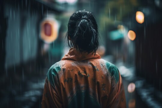  A Woman Walking Down A Rain Soaked Street In A Raincoat With A Ponytail In Her Hair, Looking Down At The Street With Lights.  Generative Ai