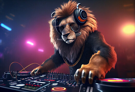 Lion DJ in action. Anthropomorphic animal having fun at the trendy club night party. International Music Day . Generate Ai.