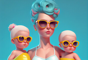 Fototapeta na wymiar Mommy and Girls in swimsuits with a towel on hair and sunglasses Generate Ai.
