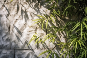 texture eroded white stone wall, bamboo tree leaf shadow, decoration material background. Generative AI