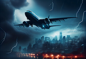 Obraz premium Passenger plane flies in a storm over the city . Generate Ai.