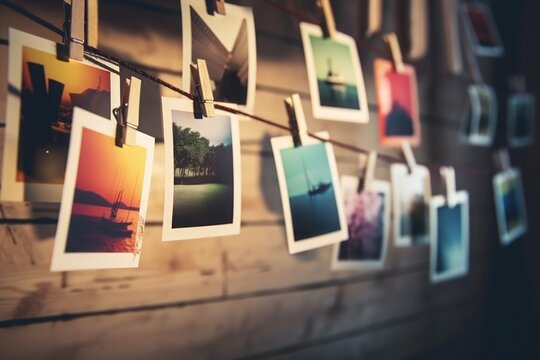 vintage 90s photos Polaroid hanging on a rope summer memories generative ai