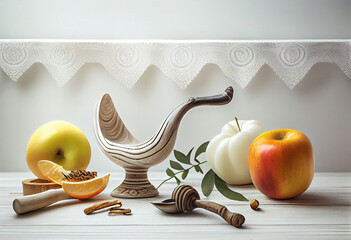 Shofar and other Rosh Hashanah holiday attributes on white wooden table indoors . Generate Ai.