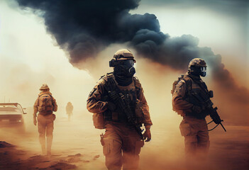The concept of military units. soldiers with arms and Command Center between smoke in battle field. Generate Ai.