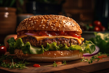 Very tasty, delicious hamburger. Fresh and unhealthy burger. Fast food meal.  Great for lunch, dinner, and breakfast. Fresh bread, delicious meat, cheese, fresh salad, onions, dressing . Generative AI