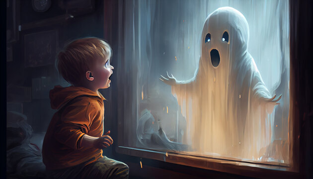 The child scaring to see the ghost, digital art style, illustration painting. Generate Ai.