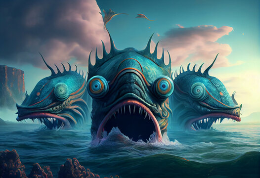 Three head sea monster fantasy illustration digital art landscape wallpaper.Generate Ai.