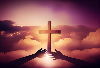 Fototapeta na wymiar Worship concept: christian people hand in hand over cross on spiritual sky background . Generate Ai.
