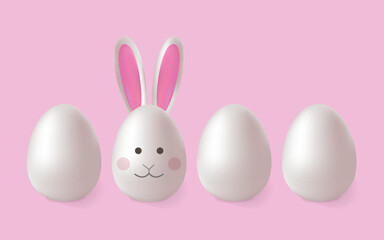 Fototapeta na wymiar Happy Easter. Set of realistic 3d white eggs and a rabbit egg with ears and face. Vector design.
