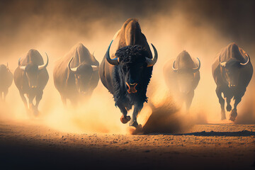 Running herd of buffaloes. Generative AI, Generative, AI - obrazy, fototapety, plakaty