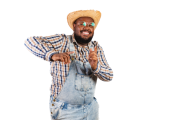 brazilian black man wearing country clothes from festa junina, festa de são joão. celebrating, feasting, dancing arraiá.