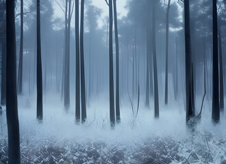 atmospheric abstract paining of a winter forest with trees shrouded in mist and frozen ground. generative ai illustration.