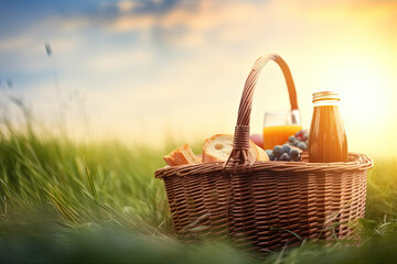 Illustration - Sunny Delight: A Close-Up of a Summer Picnic Basket on Lush Green Grass in the Morning Sun. Generative ai