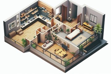 3D Isometric interior home plan room cute set design isolate on white background created by generative AI
