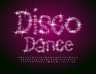 Vector event flyer Disco Dance with star glittering Font. Decorative Alphabet Letters, Numbers and Symbols set