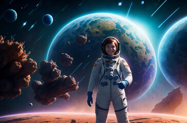 Obraz na płótnie Canvas A female astronaut in a spacesuit smiles against the background of a fantastic space landscape. Portrait of a woman in a space outfit in space. Generative AI.