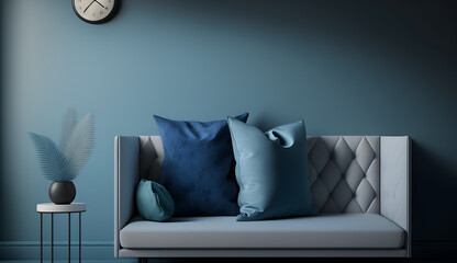 modern forniture interior with  grey sofa and blue pillows -AI Generative 
