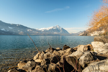 View over the lake of Thun and the mount Niesen in Switzerland