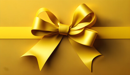 yellow satin bow with ribbon on yellow background -AI Generative 
