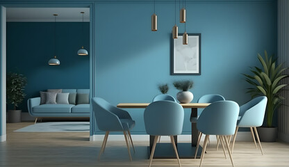 modern living room ,blue grey style , table and chairs -AI Generative 
