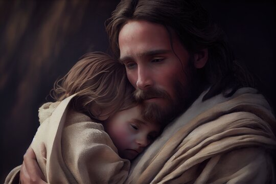 Jesus Christ, Holding Child In His Arms, With Warm And Loving Expression On His Face, Created With Generative Ai