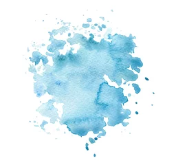 Foto op Canvas Watercolor blue flow painting texture blot drops isolated on white background. © Liliia