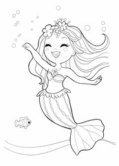 Fototapeta na wymiar Beautiful cheerful and smiling mermaid dancing Coloring Page for kids. Line illustration