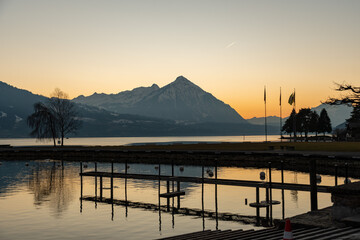 Evening mood at the lake of Thun in Unterseen in Switzerland