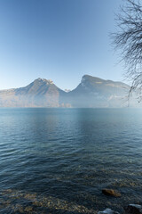 Morning scenery at the lake of Thun in Krattigen in Switzerland