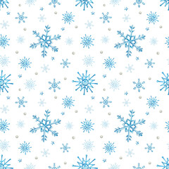 Watercolor seamless pattern with snowflakes. Hand painting on an isolated background. For designers, decoration, postcards, wrapping paper, scrapbooking, covers, invitations, posters and textile