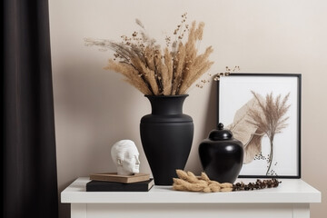 still life with a candle and a book and plants in front of a wall