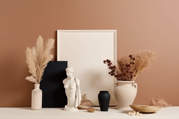still life with a candle and a book and plants in front of a wall