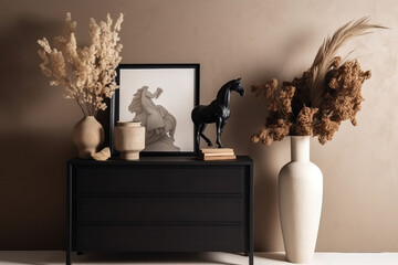 still life with a candle and a book and plants in front of a wall