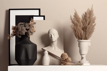 still life with a candle and a book and plants in front of a wall