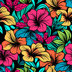 Seamless floral pattern with tropical flowers and leaves vector illustration 