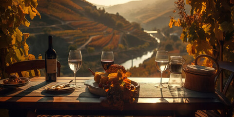 table with wine in restaurant with a view of the mountains 